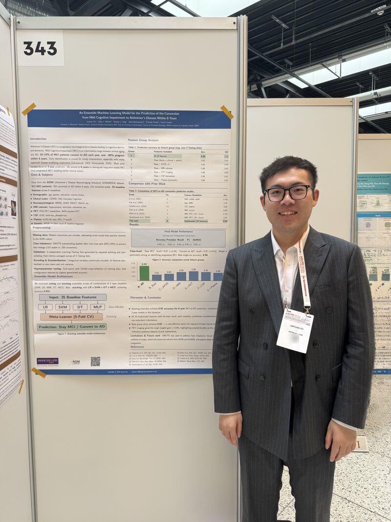 Jiayuan Xu beside his MCI-to-Alzheimer’s disease conversion poster at AD/PD 2026 in Copenhagen